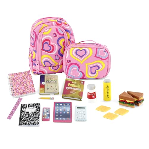 Emily Rose 18-Inch Doll School Essentials 18-PC Set - Backpack, Lunch Box & Working Calculator with Pretend Food - Premium USA Brand - Compatible with American Girl Dolls
