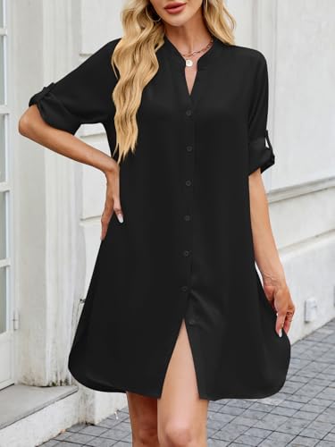Image of PerZeal Womens Sexy V Neck Button Down Shirt Dresses Summer Short Sleeve Casual Loose Blouses & Button-Down Shifts Cover Ups