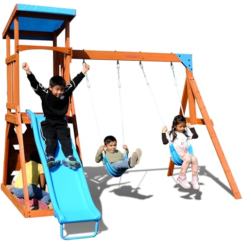 Sportspower Outdoor Grand Teton Wooden Swing Playset: 2 Swings, Fort, Sandbox, Ladder, 6' Slide & Ground Anchor Kit