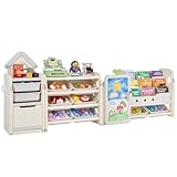 VEVOR Spielzeugaufbewahrung Bücherregal Spielzeugregal HDPE, 4-stöckige multifunktionale Ablage mit 10 flexiblen Kunststoffbehältern & Zeichenbrett, für Schlafzimmer Klassenzimmer (Grau + Beige)