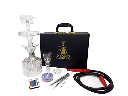 AZAZ Crystal Shisha Luxury Portable Glass Hookah Set with 2 Glass Bowls 2 Bowl Lid Charcoal Tray LED Light with Remote Charcoal Tongs Disposable Hookah Hose and Carrying Case