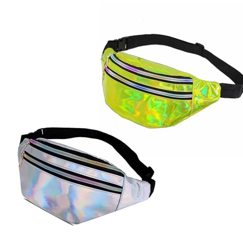Kirgizta 2 Piezas Riñonera Niña Deportiva Impermeable Cuero PU Riñonera Años 80 Riñonera Holográfica Brillante con 2 Bolsillos Cremallera Correa Ajustable para Viaje Correr Ciclismo (Verde+Rosa)