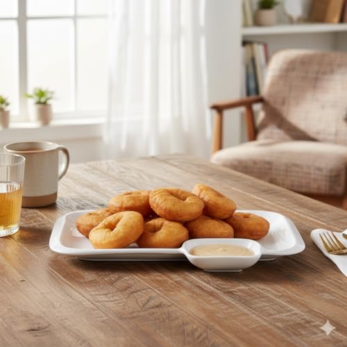 Image of Premium White Ceramic Appetizer Serving Plate 12 Inch Set of 1, with Built-in Dipping Sauce Well Sushi Tray, Dumpling Platter, and Chip & Dip Server, Chip-Resistant