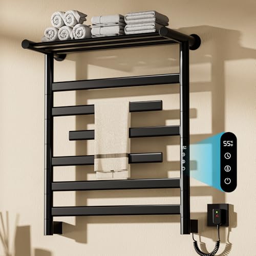 360W Elektrischer Badheizkörper Mit Lagerregal, Handtuchwärmer Wandmontage, 6 Stangen (3 Armen Drehbar 180°), Handtuchtrockner Elektrischer Mit Thermostat 30-70 °C,Touch Control, IPX4, Schwarz