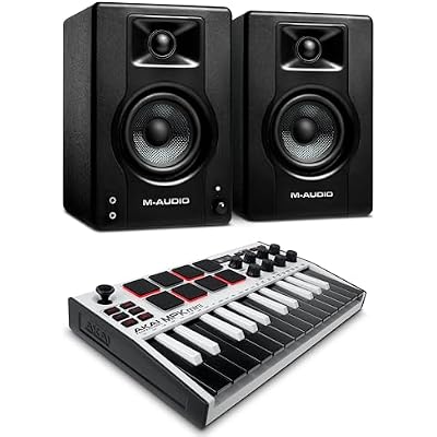 Recording Studio Package - Akai Professional MPK Mini MK3 USB MIDI Keyboard Controller and M-Audio BX3 3.5 120W Speakers, with Production Software, white