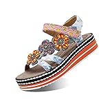  Camfosy Damen Leder Wandern Sandalen,Sommer Outdoor Handgefertigt Sandalen Flach Urlaub Freizeit Schuhe Verstellbare Klettverschluss Gemütliche Barfuß-Gefühl Wanderschuhe