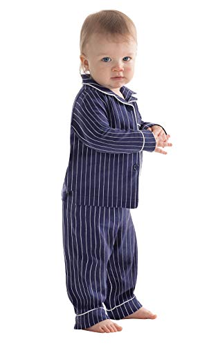 PajamaGram Cotton Jersey Classic Stripe Button-Front Pajamas, Navy, 5T