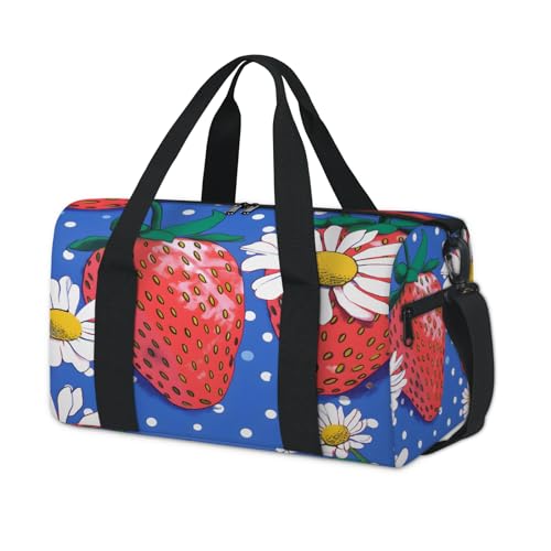 Cute Strawberry and Flower Travel Duffel Bag for Women and Men, Sport Tote Gym Bag Carry on Weekender Overnight Bags