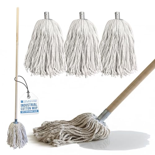Traditional Cotton Mop with 3 String Head Refills and Smooth Wooden Mop Handle - Pure Cotton Mops for Cleaning Floors - String Floor Mops for Hard Floor Bathroom Kitchen Laminate Wood Tiles etc
