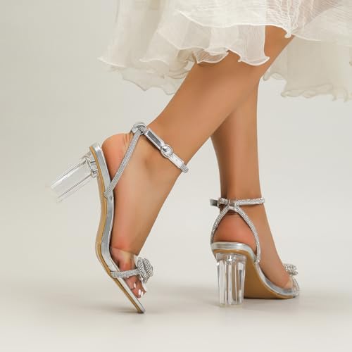 Amoji Women Clear Heels 3 In Chunky Sparkly Rhinestone Bow Lady Strappy Heeled Sandals 337 Silver 11 women by Amoji - Used condition - Image 6