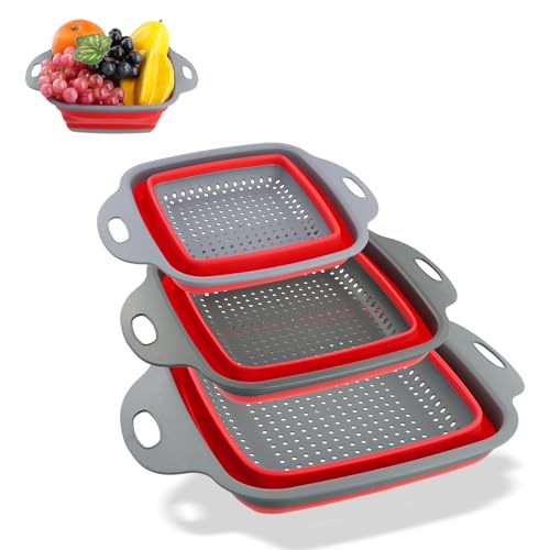 YILANJIN Collapsible Colander Set, 3 PCS Square Silicone Folding Colander with Handles, Fruit Drain Basket for Kitchen, Foldable Silicone Filter with Handles for Draining Vegetables, Pasta, Food (Red)