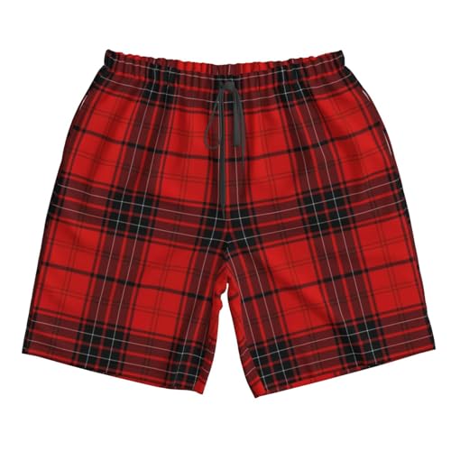 Red and Black Plaid Stylish Men's Bench Shorts - 100% Polyester, Quick-Drying, 6-Sizes 7