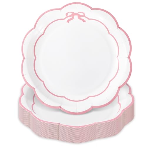 JarThenaAMCS 50 Pcs Scalloped Paper Plates Disposable Plates 7 Inch White Plates with Pink Bow Trim Decorative Dinner Plate for Baby Bridal Shower Wedding Birthday Party Supplies