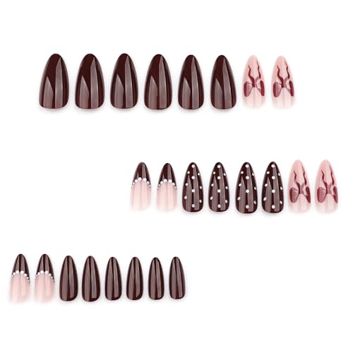 Image of Secret Lives Acrylic Press on Nails Reusable Artificial Designer Fake Nails Extension Brown White dot 24 Pieces Set with Kit