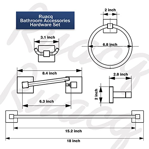 Ruacq 4 Pieces Bathroom Hardware Set Matte Black Square Stainless Steel and Zinc Alloy Modern Wall Mounted,18-Inch Towel Bar,Toilet Paper Holder,Towel Ring,Robe Hook,Bathroom Accessories Kit - Image 7