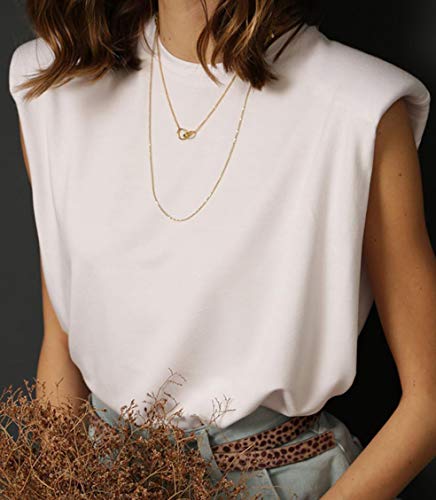 SAFRISIOR Women Loose Solid Shoulder Pads Sleeveless T-Shirt Casual Cotton Round Neck Tank Tee Top3