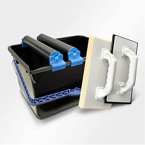 HELPMATE set de lavage de carreaux 5 pièces : seau en plastique de 12 litres, double rouleaux , taloche éponge et taloche à joints en plastique. Fabriqué en Allemagne