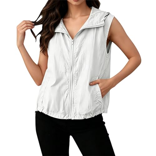 Weste Damen Sommer Jacke Leicht Sommerweste Ärmellose Sommerjacke mit Kapuze Damenwesten Stehkragen Sportweste Outdooer Sportjacke Dünne Kapuzenjacke Reißverschluss Sporttop Sportshirt