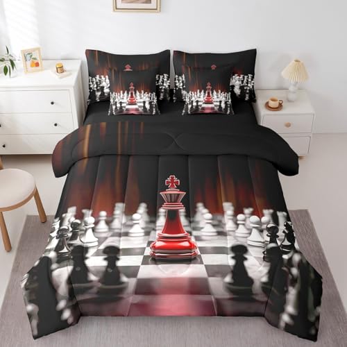 Castle Fairy International Chess 7 Pieces Bedding Set Full Size,Black White Checkerboard Bed in a Bag for Kids Girl Teens Bedroom Decor,Chess Game Comforter Set with Sheets,Pillow Covers