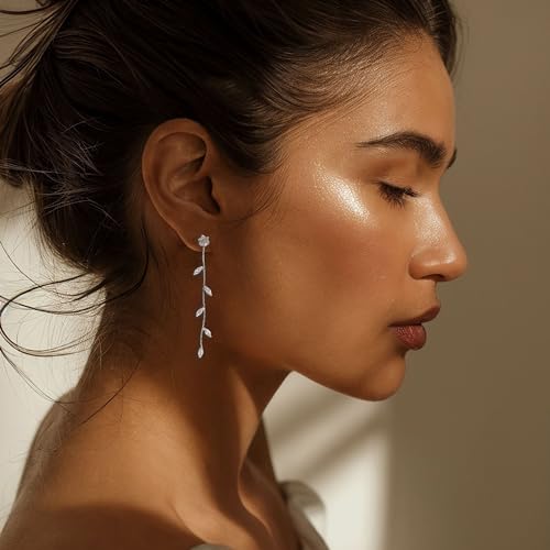 Long Crystal Drop Earrings Dangling Cubiz Zirconia Threader Earrings Crystal Leaf Drop Dangle Earrings for Women Bridal Wedding4