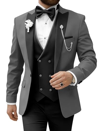 TUXBURNTXZ Men's Grey Wedding Suits for Men Slim Fit 3 Piece Suit Fashion Suit XS