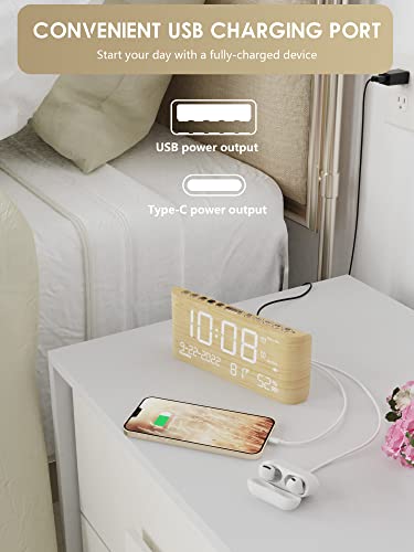Wooden Alarm Clock For Bedroom, Digital Dual Alarm Clock With Weekday/Weekend Mode For Adult Teen Kid, Adjustable Brightness & Volume, Humidity & Temperature Detect Led Clock,Battery Backup,12/24H,Dst #TOP3