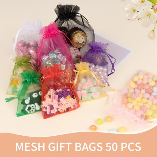 Image of 50PCS Pink Organza Bags 5x7, Small Gift Bags for Women, Cute Mesh Drawstring Pouches Mini Sheer Goodie Baggies for Her Birthday Graduation Wedding Bridal & Baby Shower Party Favors Gifts