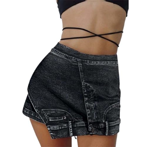Short en denim asymétrique pour femme avec poches patchwork unicolore