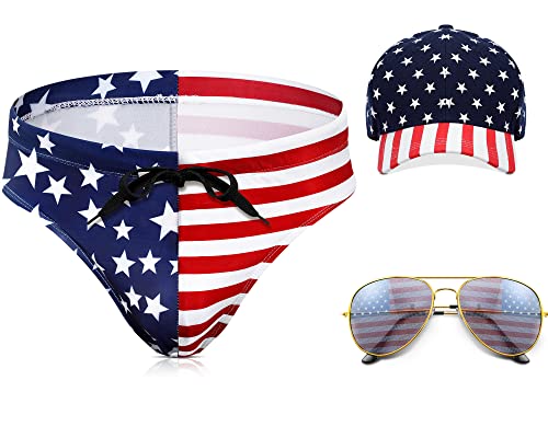 Yahenda Men's American Flag Patriotic Swimwear USA Bikini Swimsuits Beach Hat Sunglasses for 4th of July Independence Day