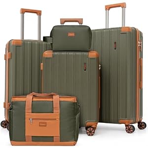 Cobens Cobens Gepäck-Set, 5-teilig, Koffer mit Spinner-Rädern, ABS-Hartschalenkoffer, Gepäck, mit TSA-Schloss, langlebiges Reisegepäck, großes Fassungsvermögen, Handgepäck (50,8 / 154 / 71,1 cm), Oliv/Blatt