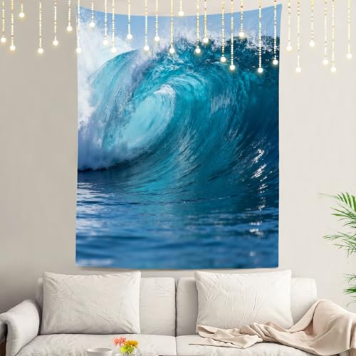 Grande tapisserie de qualité supérieure avec ourlet blanc vague bleue