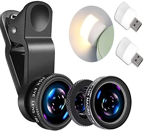 QOCXRRIN 3in1 Lens Kit for Mobile Phone 0.67X-Wide Angle 180-Degree Fish Eye 10X-Macro Lens Small Object Shot Lens Multi-Colour Compatible with 2 Mini USB Bulb (Free) All Smartphone, iOS Devices & Tablets