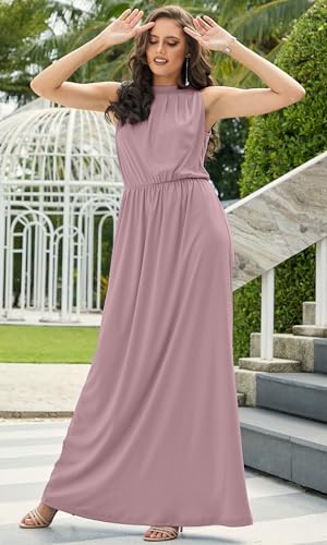Image of KOH KOH Womens Customized Long Sexy Sleeveless Bridesmaid Halter Neck Wedding Party Guest Summer Casual Brides Formal Evening A-line Gown Gowns Personal Custom Maxi Dress Dresses, Dusty Pink