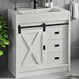 4ever2buy Farmhouse Bathroom Vanity with Sink, Small Bathroom Vanity Cabinet with 2 Drawers & Sliding Barn Door, White