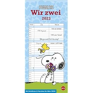 Peanuts Planer für zwei 2023 – Familienplaner – Wandkalender mit Monatskalendarium – 2 Spalten, Schulferien, 3-Monats-Ausblick Januar bis März 2024 – 16 x 34,7 cm Kalender – Wandkalender, 22. März 2022
