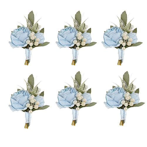 6pcs/lot Artificial Wedding Flowers Groom Boutonniere Women Bride Wrist Corsage Party Decoration (Light Blue Boutonniere)