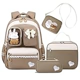 Amythe Mochila Colegio Niña, 4 Piezas Mochilas Escolares Primaria Transpirables para Niñas, Mochila Adolescente Chica Kawaii con Estuche Bolsa de Almuerzo y Bolso Bandolera, Marrón