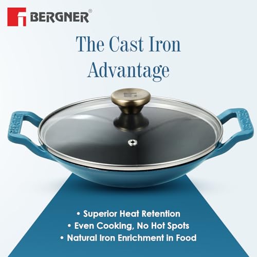 Image of BERGNER Excalibur Lightweight Cast Iron Appachetty with Lid 22cm (1L), Non-Stick Coating, PFAS Free, Perfect Heat Distribution, Elegant Design, Silicone Grips - Induction and Gas Stove Ready (Blue)