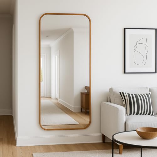 Espelho de Corpo Inteiro Retangular Cantos Arredondado 110x53 – Elegância e Amplitude para Seu Ambiente (Caramelo)