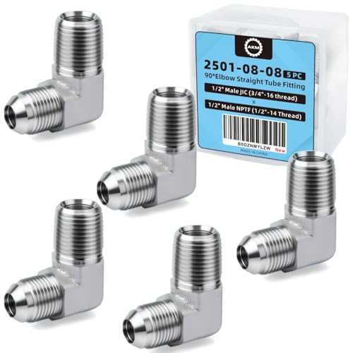 Image of 90 Elbow Straight Hydraulic Hose Adapter Fittings, 2501-08-08 3 /4 inch-16 MALE JIC X 1 /2 inch-14 MALE PIPE Connectors x 5 pack