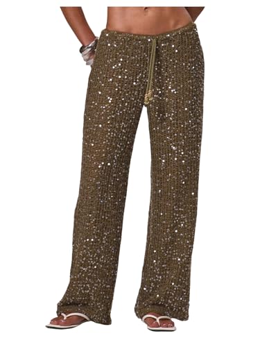 WDIRARA Womens Sequin Crochet Cover Up Pants Hollow Out Beach Pants Swimwear Brown Large