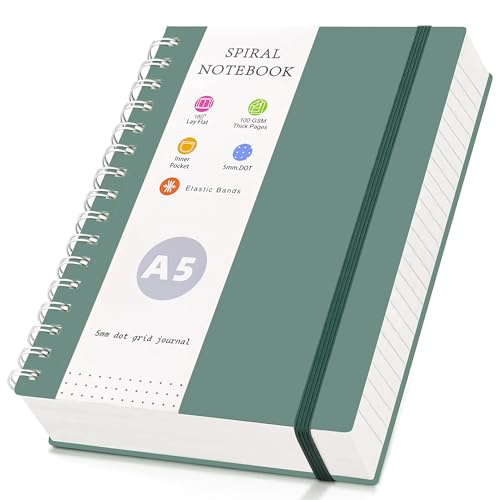 LIMBJEY A5 Dotted Journal Notebook - Note Book Spiral Notepad 300 Pages for Writing,Note Taking,100gsm Dotted Paper, Flexible cover, for Women Men Work Office School,14.5 x 21cm (GREEN)
