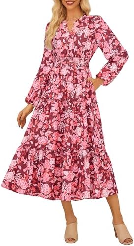 GRACE KARIN Women Floral Maxi Dress,2025 Fall Long Sleeve Casual Dresses,V Neck Boho Flowy Elegant Dress with Pockets
