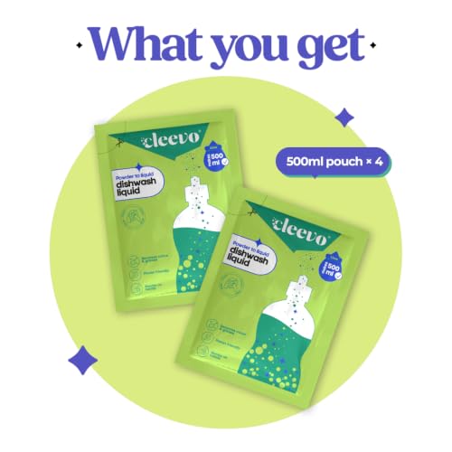 Image of Cleevo Dishwash Liquid Gel 2L Refill Pack (4 Sachets makes 2 Litre), No Bottle |Powder to Liquid | Removes Grease & Burnt Residue | Non-Toxic, Kids & Pet Safe Dish Cleaner (Lime)