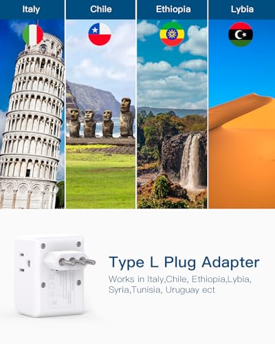 2 Pack Italy Travel Plug Adapter, Type L Italy Power Adapter with 3 American Outlets 3 USB Ports(1USB C), 6 in 1 Travel Outlet Adaptor, 3 Prong... - Image 2
