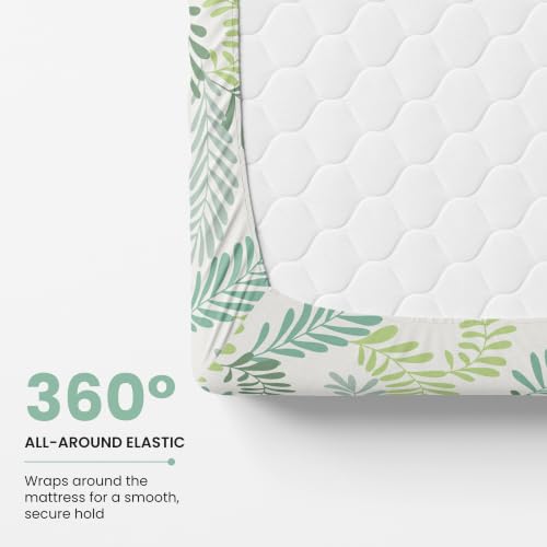 Image of LORETO - A QUALITY LINEN BRAND 144 TC 100% Pure Cotton Single Fitted Bedsheet with 1 Pillow Cover for 72 x 36 Inch Mattress, All-Around Elastic, 8 Inch Deep Pocket, Green Leafy Haven