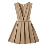 Girls' School Uniform V-Neck Jumper Dress Pleated Pull-on Scooter Skirt Stretchy Cotton Flared Overall Dress 2-9 Years Khaki