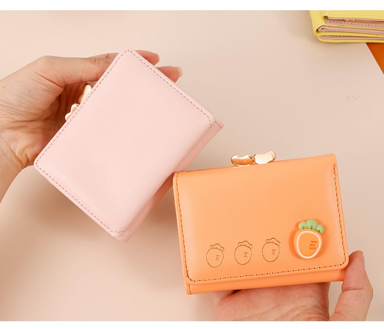 Image of Valerie Cute Small Wallets Clutch for Teen Girl Women PU Leather Trifold Small Wallet Cash Pocket 3D Buckle Card Holder Coin Purse with ID Window for Girls Women (Orange)