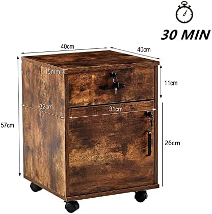 OFCASA Mobile File Cabinet with 1 Drawer 1 Door Cabinet Lockable Office Rolling Cabinet with Wheels Industrial Wood Storage Filing Cabinet for Home Office 40 x 40 x 55cm
