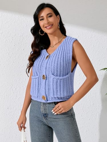 Image of Women Sleeveless Knit Sweater Vest Crochet Chunky Button Down Cardigan Crop Vests Tops with Pockets